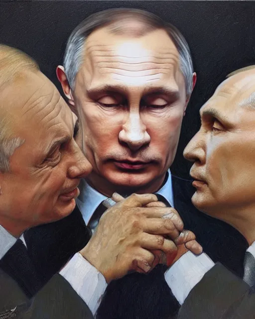 Image similar to portrait of Putin and Viktor orban kissing by Mandy Jurgens and Richard Schmid and chuck close and mucha