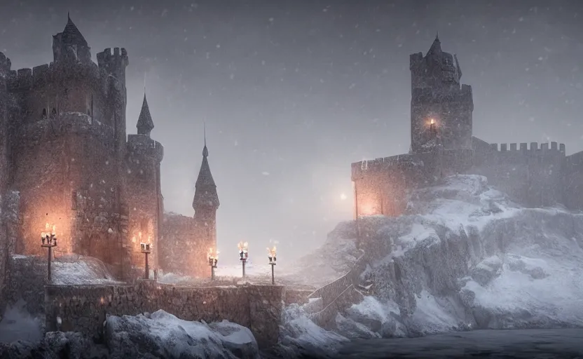 Image similar to magnificent castle besides the sea in the snowstorm at dark night, doomy, Unreal Engine, cinematic photography, highly-detailed, games of thrones, HBO, high resolution, 8k, photorealistic, stunning volumetric lighting