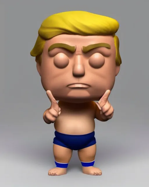 Prompt: full body 3d render of shirtless chubby Donald Trump as a funko pop, studio lighting, white background, blender, trending on artstation, 8k, highly detailed