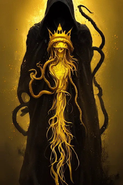 Image similar to A full body portrait of a mysterious character with no face with a very long hooded yellow cloak, a golden crown floating above his head tentacles coming out the ground art by Maciej Kuciara and Jason Chan, ominous, cosmic horror, trending on artstation, Ultra detailed, hyper realistic 4k