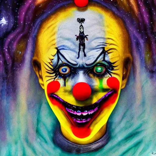 Image similar to Clown turning into a cosmic horror, Gothic Art, color, award-winning art, horror, scary, eerie, ominous, unnerving, 8k