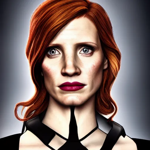 Image similar to jessica chastain portrait, borderlands, tales from the borderlands, the wolf among us, comic, cinematic lighting, studio quality, 8 k
