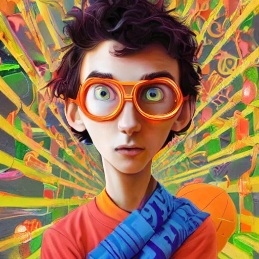 Image similar to a skinny young man at school with wavy hair and glowing orange eyes as a super hero, pixar cute, highly detailed, sharp focus, neon color, digital painting, floating particles, artwork by Jeremiah Ketner + Mati Klarwein + Fintan Magee + Chris Mars, background artwork by greg rutkowski