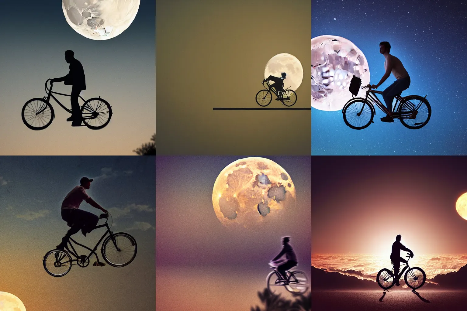 Prompt: high detail photograph of a man riding a bicycle floating in front of the moon, cinematic, atmospheric