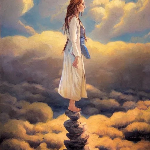 Prompt: woman stands on land that floats amongst the clouds, by jon foster