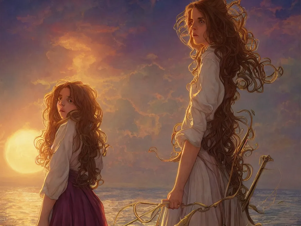 Image similar to hermione granger with hogwarts as background at sunset, highly detailed, gold filigree, romantic storybook fantasy, soft cinematic lighting, award, disney concept art watercolor illustration by mandy jurgens and alphonse mucha and alena aenami, pastel color palette, featured on artstation