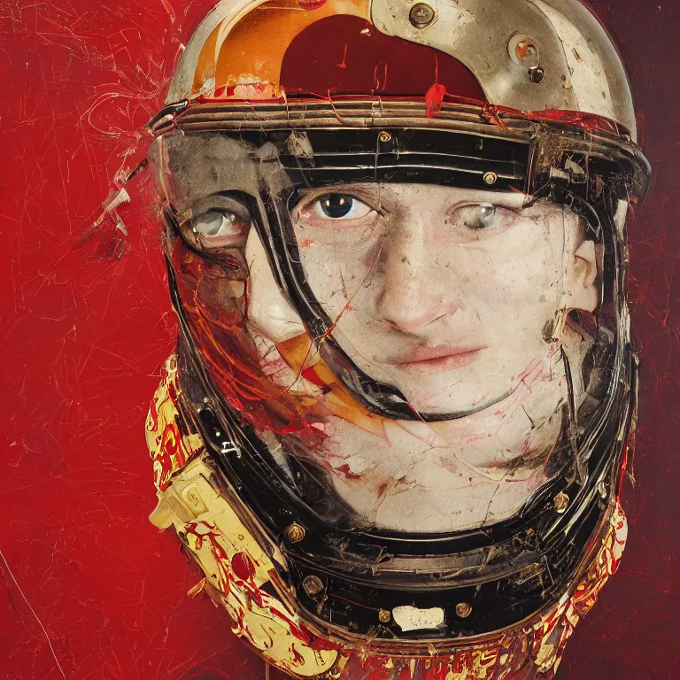 Prompt: portrait of a third reich soldier in ornate motorcycle dirt helmet in a helmet background red plastic bag, circuitboard,, rich deep colors, ultra detail, by francis bacon, james ginn, petra courtright, jenny saville, gerhard richter, zdzisaw beksinsk, takato yamamoto. masterpiece, elegant fashion studio ighting 3 5 mm