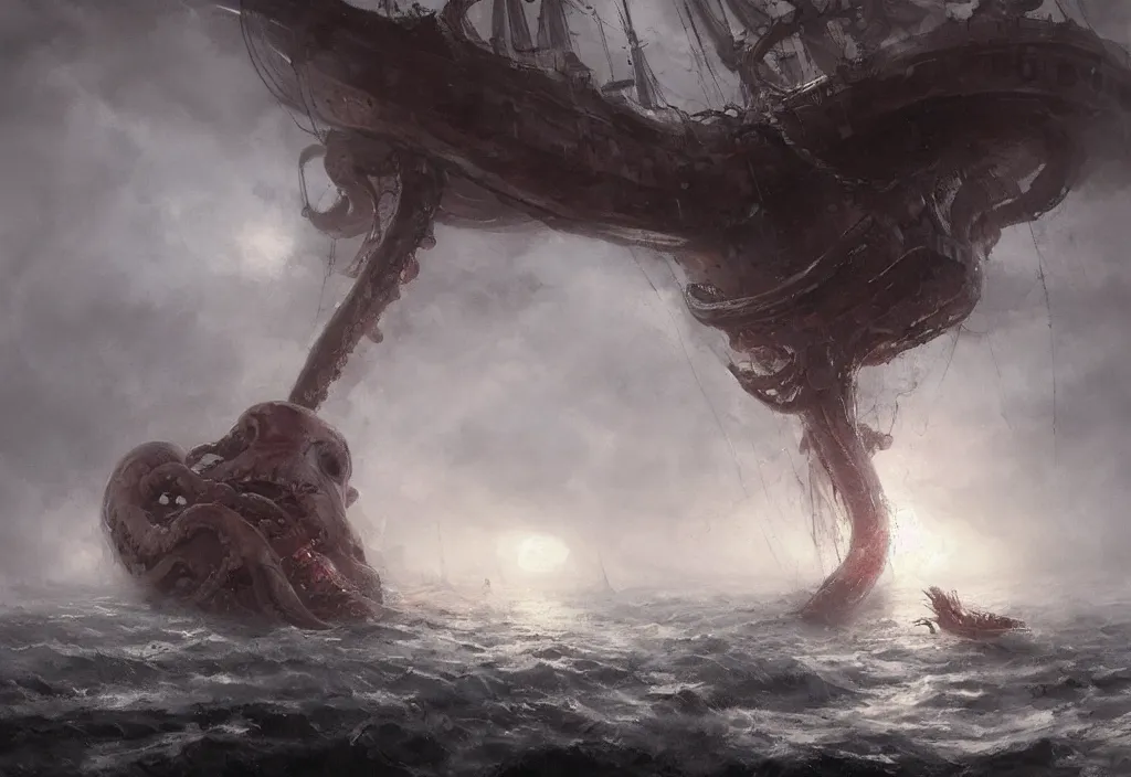 Prompt: a giant octopus wrapped around a large ship in the ocea, stormy, artstation, jakub rozalski, high detail, dramatic lighting, night, fog