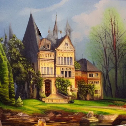 Image similar to Haunted old gothic european mansion, oil painting