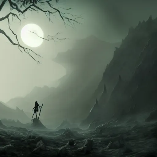 Prompt: a giant skeleton walks the earth, dark landscape, fog, matte painting, trending on artstation