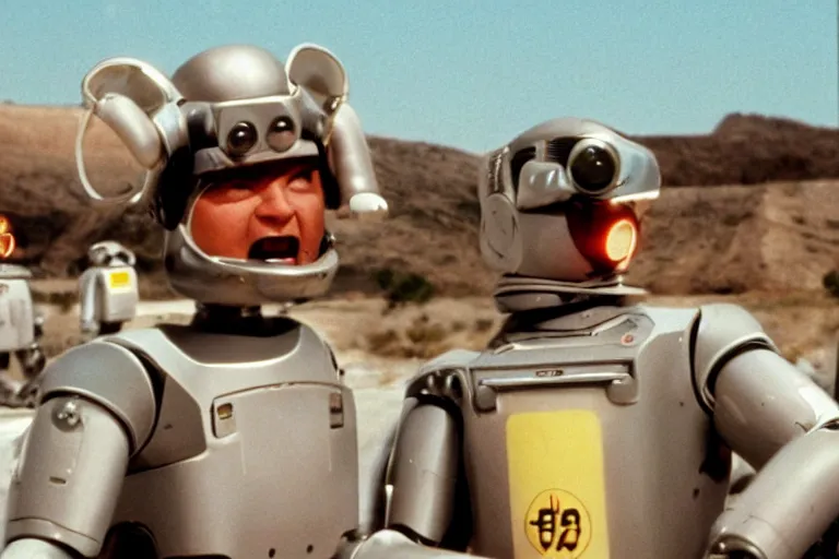 Image similar to a movie still from the 1985 summer blockbuster movie Back to the Robots directed by Steven Spielberg