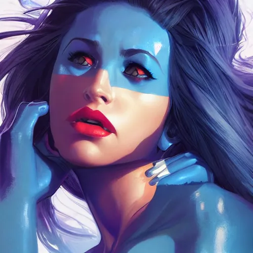 Image similar to portrait of beautiful Mystique from X-Men, League of Legend illustration by Ilya Kuvshinov:2, profile picture by Gil Elvgren:2, asymmetrical, Organic Painting, Ambient Occlusion:3, Matte Painting, bold shapes, hard edges, street art, trending on artstation, realistic:2 by Sachin Teng:5