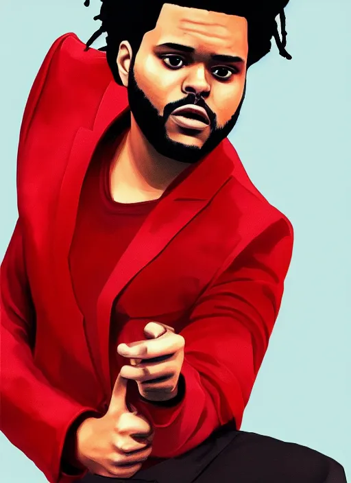 Image similar to a portrait of The Weeknd with a red suit, digital art, beautiful digital art, 4k, hd, artstation