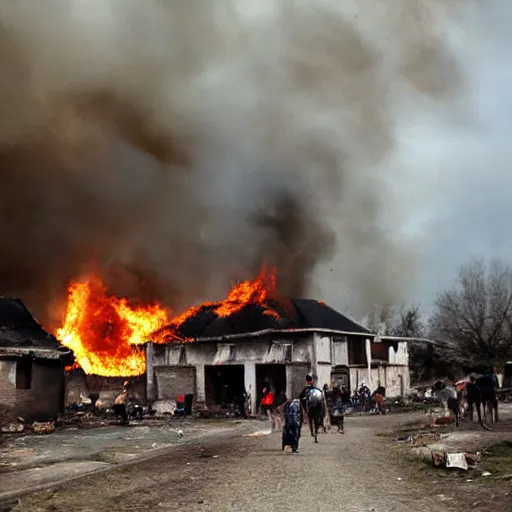 Prompt: village on fire. people run away of the place.