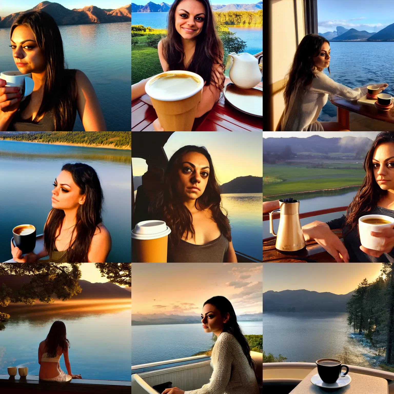 Prompt: dreamy mila kunis, golden hour, steaming coffee, lake view vista