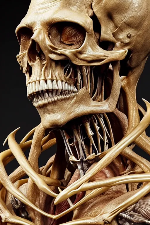 Prompt: photo taken of an epic intricate, ultra detailed, super realistic sculpture of a anatomical death sculpture on display, created by weta workshop, photorealistic, sharp focus, f 0. 4, face centred, golden ratio