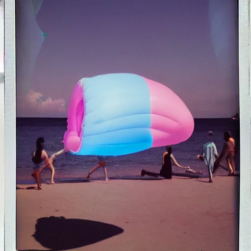 Image similar to a pastel colour high fidelity wide angle Polaroid art photo from a holiday album at a seaside with abstract inflatable parachute furniture, all objects made of transparent iridescent Perspex and metallic silver, people in masks dance, iridescence, nostalgic