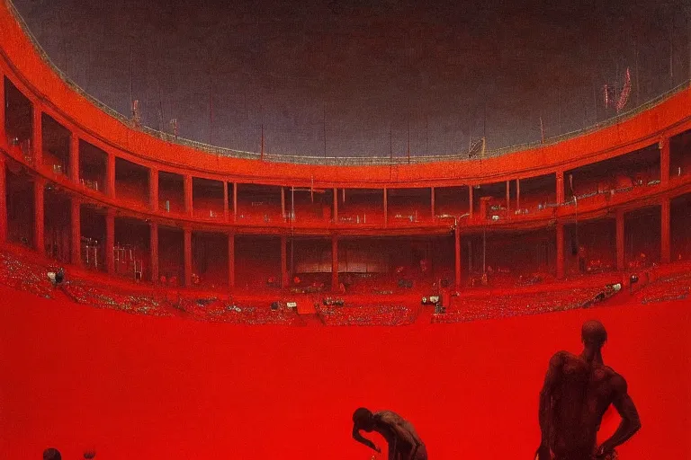 Image similar to only with red gigachad dictator, sportspalast amphitheatre, crowd hails him, in the style of beksinski, parts by edward hopper, parts by rodcenko, parts by yue minjun, intricate and epic composition, red by caravaggio, insanely quality, highly detailed, masterpiece, red light, artstation, 4 k