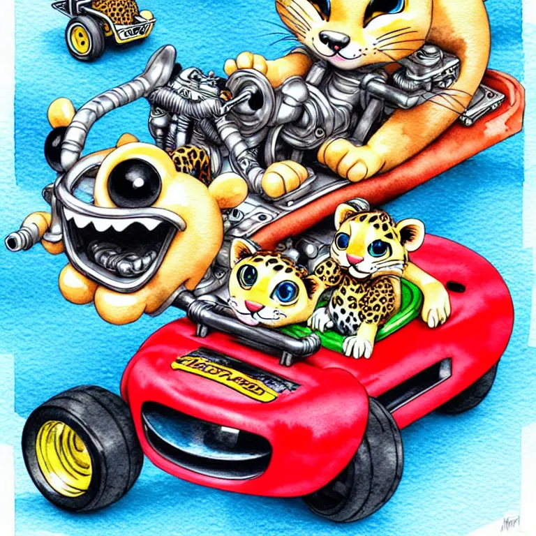 Image similar to cute and funny, baby leopard riding in a tiny go kart with oversized engine, ratfink style by ed roth, centered award winning watercolor pen illustration, isometric illustration by chihiro iwasaki, edited by range murata, tiny details by artgerm and watercolor girl, symmetrically isometrically centered