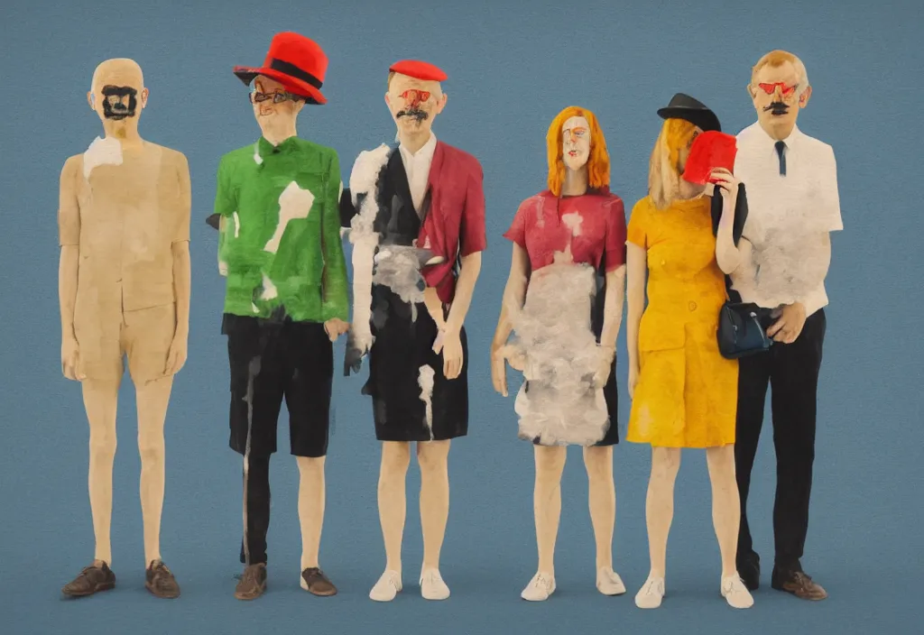 Image similar to full body portrait of a trio of european tourists, character designs painting, in the style of wes anderson, rene magritte, lola dupre, david hockney, isolated on white background, dark monochrome neon spraypaint accents volumetric octane render