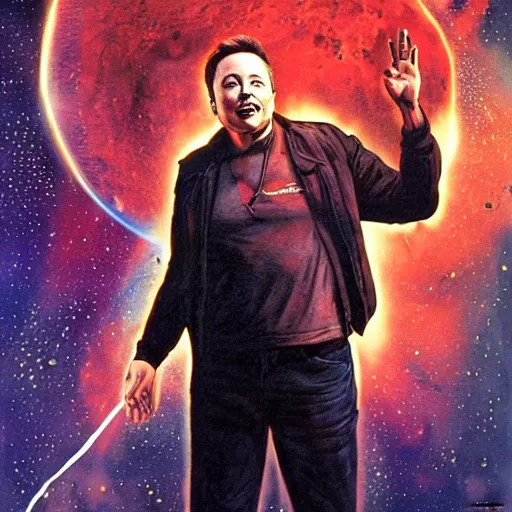 Image similar to movie poster of elon musk as a villain who looks at the planet mars with a macabre smile, his face is illuminated with a red light, drew struzan style