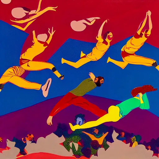 Image similar to a group of people flying through the air, an album cover by Robert Colescott, tumblr contest winner, sots art, glitchy, wallpaper, 2d