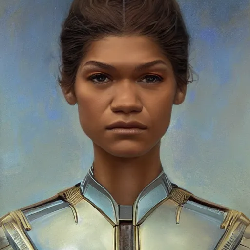 Image similar to zendaya as played in dune, closeup portrait art by donato giancola and greg rutkowski, realistic face, digital art, trending on artstation, symmetry!!