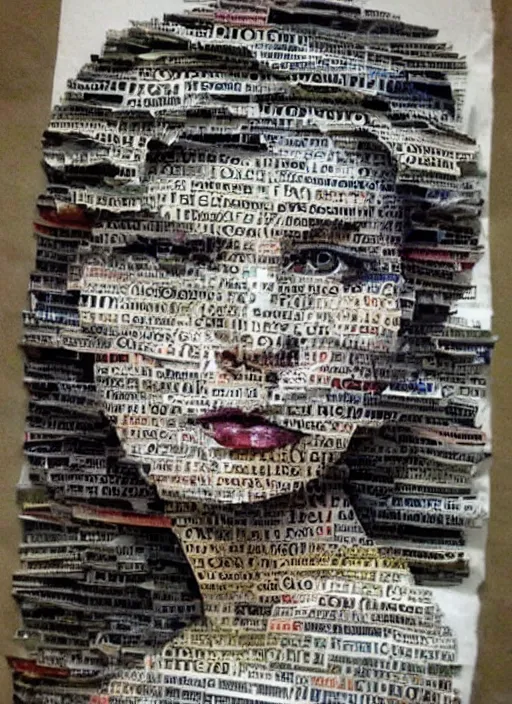 Image similar to a beautiful young woman made of newspaper