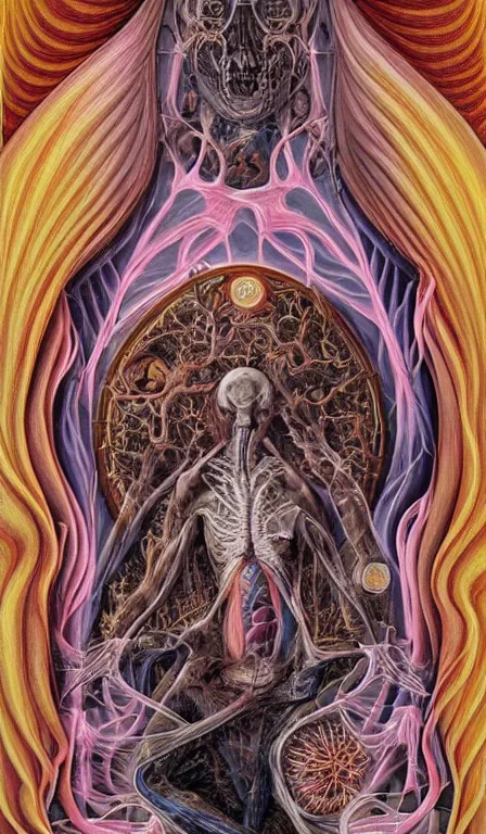 Image similar to a biomorphic painting of the hierophant tarot card! a anatomical medical illustration by nychos and alex grey, cgsociety, neo - figurative, pastel blues and pinks, detailed painting, rococo, oil on canvas, lovecraftian