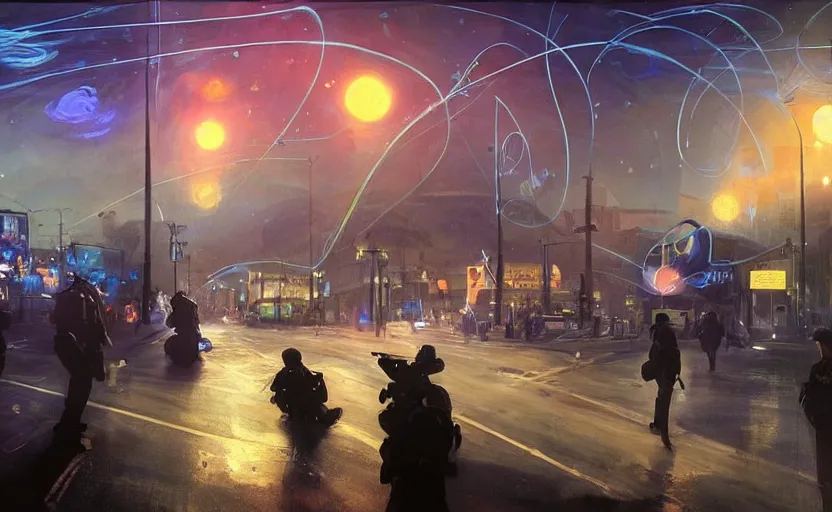 Prompt: people with posters attacking cops, a huge blue spiral - shaped white luminous attractor is floating on the horizon near the sun, stores in los angeles with light screens all over the street, concept art, art for the game, professional lighting, dark night lighting from streetlights, by ilya repin