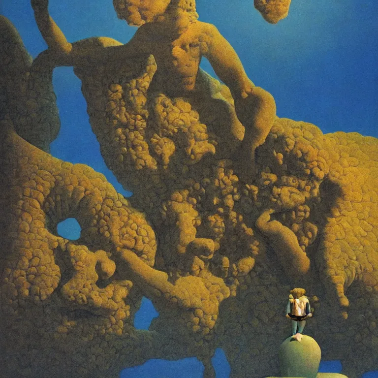 Prompt: A Monumental Public Sculpture of a 'Baby Head made of Brain Coral Facing upward' on a pedestal by the lake, surreal oil painting by Maxfield Parrish and Max Ernst shocking detail hyperrealistic!! Cinematic lighting