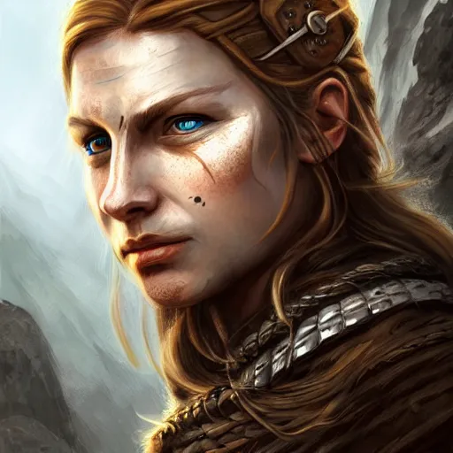 Image similar to portrait of a viking, woman, epic fantasy, detailed, intricate, digital painting, concept art, realistic, smooth, focus, rim light