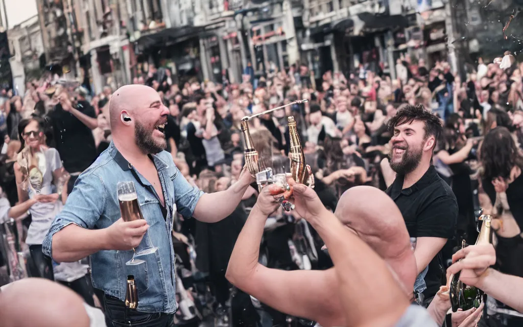 Image similar to photography of the musician marc rebillet drinking champagne at his concert, public is annoyed and throws cans on the stage, a big bald guy is laughing and points at marc rebillet 4 k,