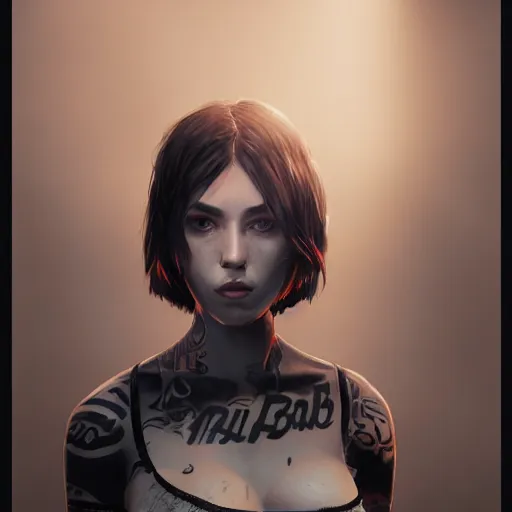 Image similar to french bar maid, tattoos, black t - shirt, black skirt, detailed portrait, intricate complexity, by greg rutkowski, artgerm, ross tran, conrad roset, takato yomamoto, ilya kuvshinov. 4 k, beautiful, cinematic dramatic atmosphere