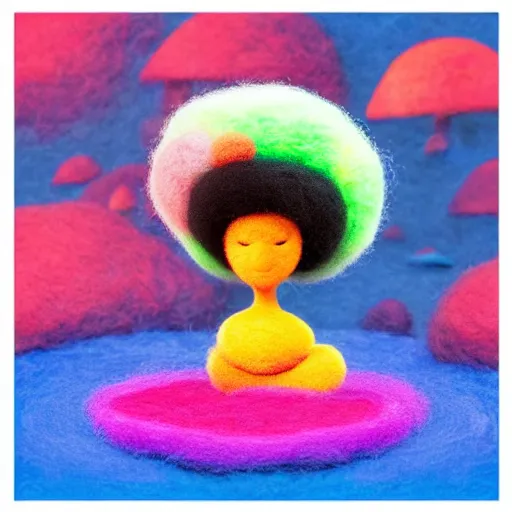 Image similar to a black girl with a colorful afro and big beautiful eyes meditating in a rainbow magic mushroom zen garden, bokeh, bright colors, synthwave, watercolor, volumetric wool felting, felt, macro photography, children illustration, by goro fujita