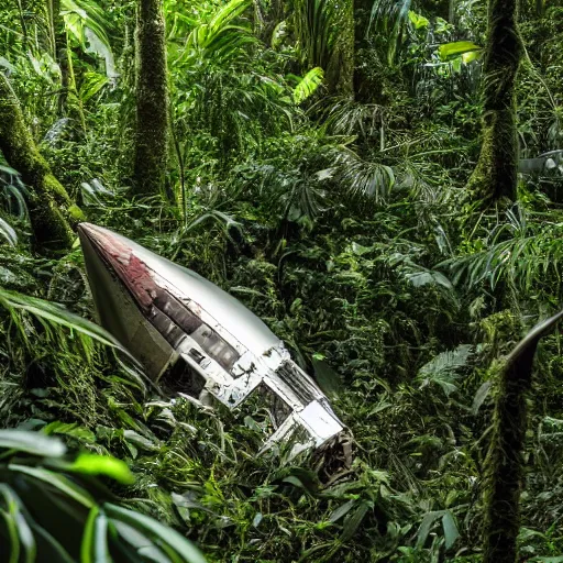 Image similar to crashed spaceship in the dense jungle detailed 8k photography