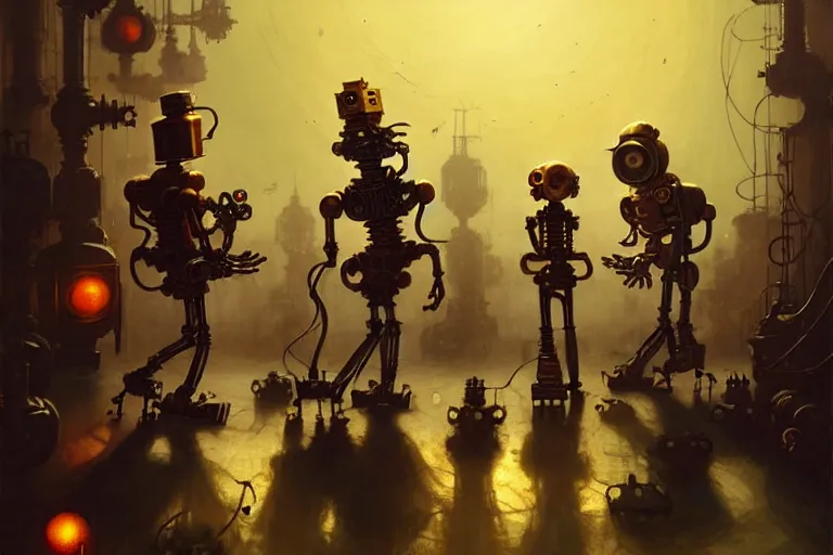 Image similar to steampunk robots dancing by otto dix and greg rutkowski and andreas rocha, cinematic lighting, highly detailed, warm colours, 4 k