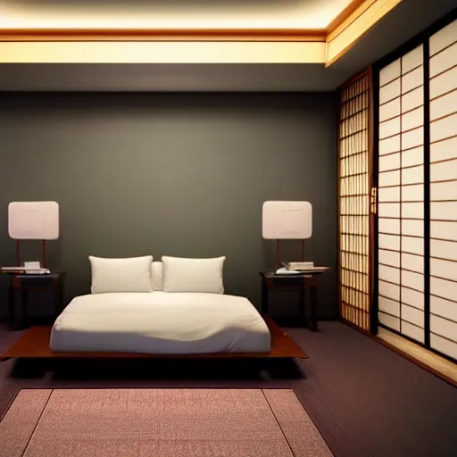 Prompt: still photo of a japanese master bed room, highly detailed, photorealistic portrait, bright studio setting, studio lighting, crisp quality and light reflections, unreal engine 5 quality render