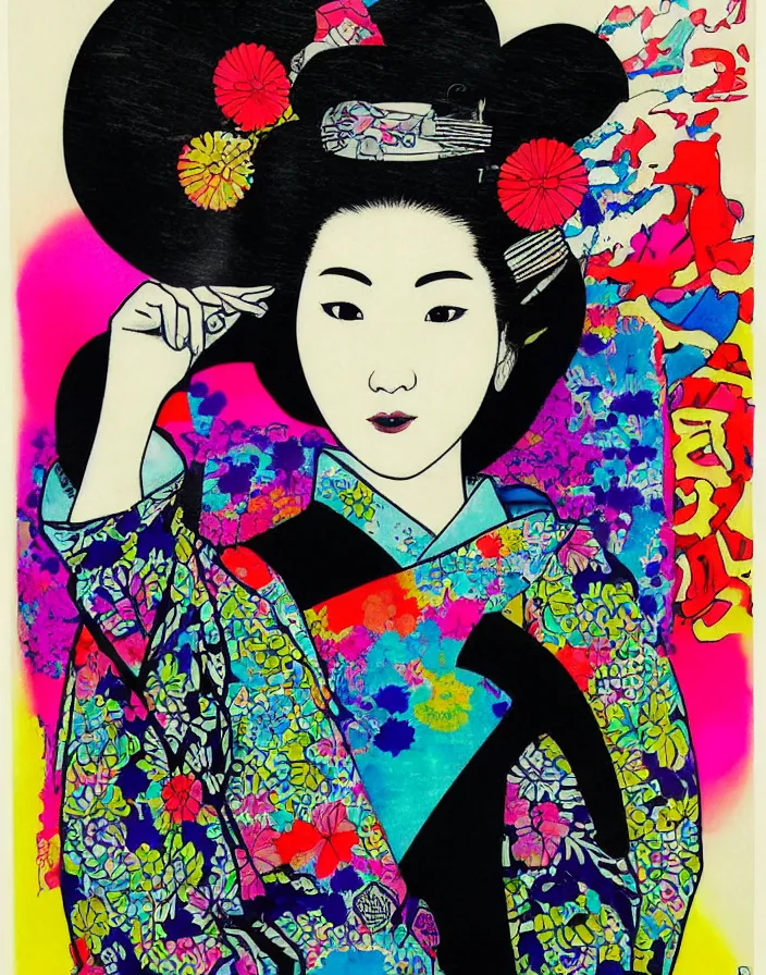 Image similar to ink on paper, a portrait of a geisha wearing a colorful kimono with graffiti tags, by goyo hashiguchi!!, colorful, xray melting colors!!