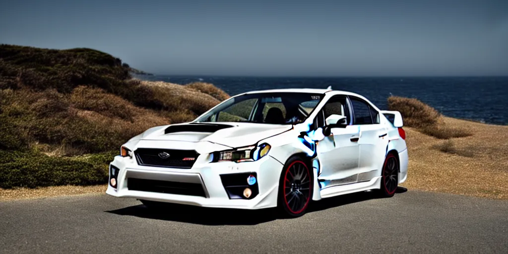 Image similar to photograph, 2013 Subaru WRX STi, hatchback, cinematic, california coast, ocean view, 8k, depth of field, bokeh.