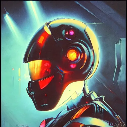 Image similar to a dark and colorful close - up side profile portrait of a sci - fi mecha robot with led lights glowing fog in the background. highly detailed science fiction painting by norman rockwell, frank frazetta, and syd mead. rich colors, high contrast, gloomy atmosphere, dark background. trending on artstation