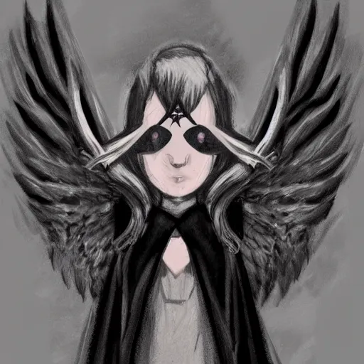 Image similar to angel with black wings, one - eyed face, gigantic, concept art