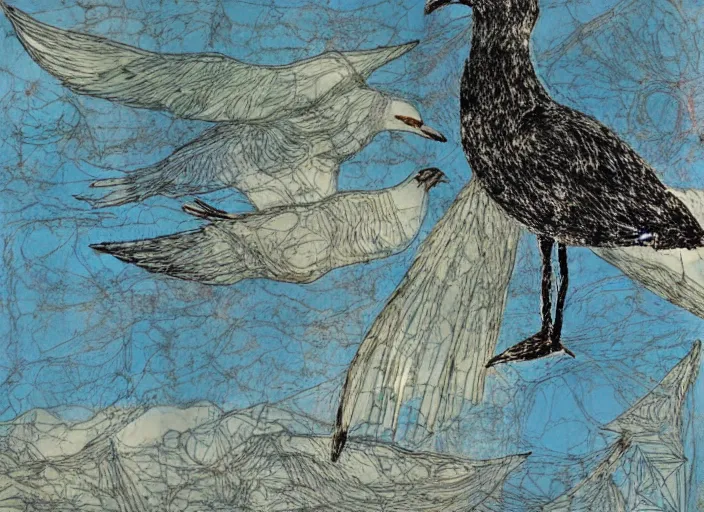 Image similar to seagull, city, painting, tonal colors, polychromatic - colors, essence, divine, by kiki smith