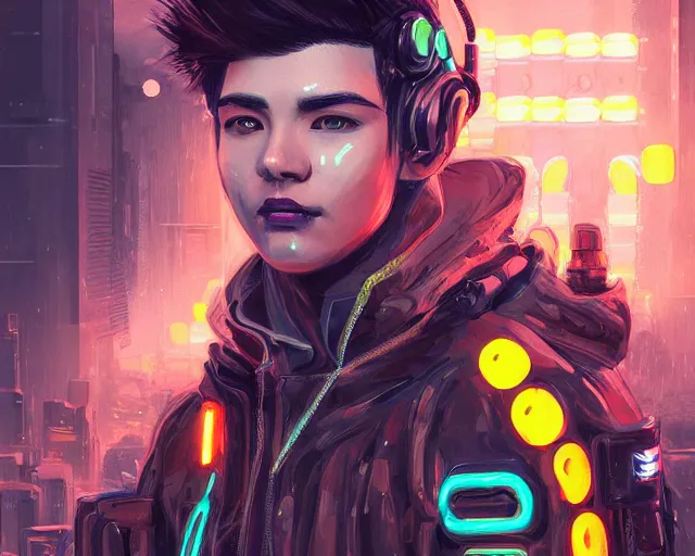 Image similar to detailed portrait neon guard man with short brown hair seen from the back, cyberpunk futuristic, reflective puffer jacket, black leggings, decorated with traditional ornaments in front of a dystopian crowd with piles of garbage perfect face, fine details, realistic shaded, fine - face, pretty face by rossdraws