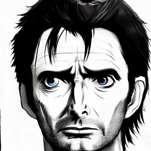 Image similar to David Tennant in BERSERK, concept art, illustration in pen an ink, black and white, by  Kentaro Miura