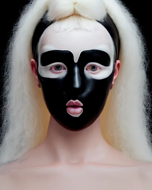 Prompt: symmetrical portrait of an albino woman wearing a silicone embroidered black beauty mask and white hair buns, wearing a black bodysuit by alexander mcqueen, cream white background, soft diffused light, biotechnology, humanoide robot, bjork aesthetic, translucent, by rineke dijkstra, intricate details, highly detailed, masterpiece,