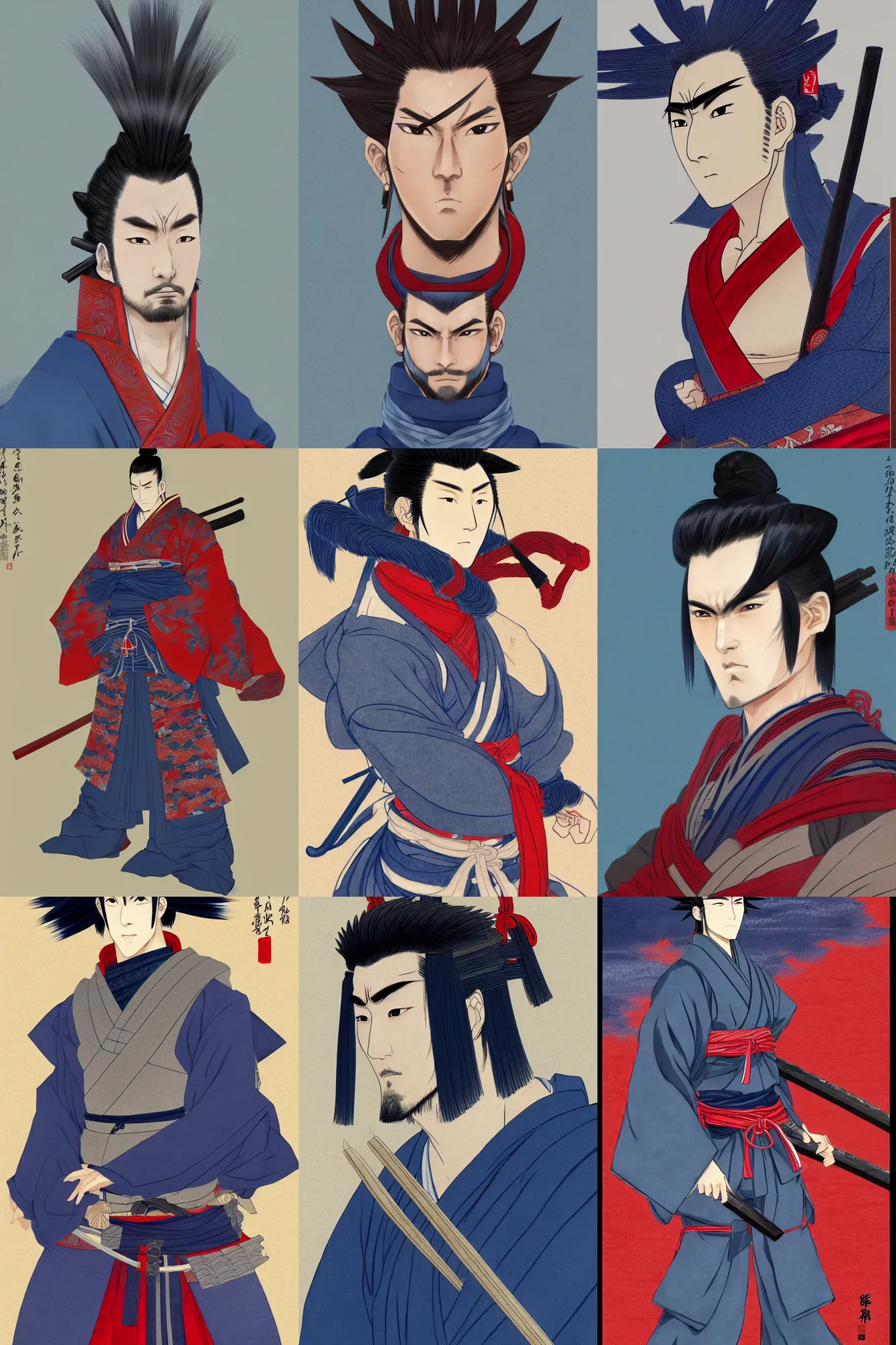Prompt: full length portrait of a handsome and muscular japanese ronin with masculine facial features, short messy hair, and wearing a haori, by arco wada, fate grand order, extremely detailed shading, blue and red color palette, sengoku era, concept art, digital painting, trending on artstation, cinematic, vibrant colors