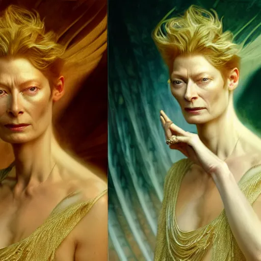 Image similar to tilda swinton as lucifer morningstar, natural lighting, path traced, highly detailed, high quality, digital painting, by gaston bussiere, craig mullins, alphonse mucha j. c. leyendecker