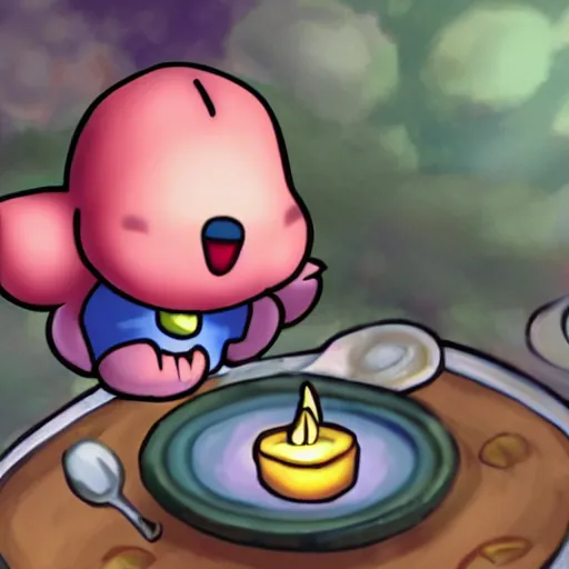 Prompt: kirby eating dinner with companion cube from the game portal, romantic, candlelight, realistic, source engine