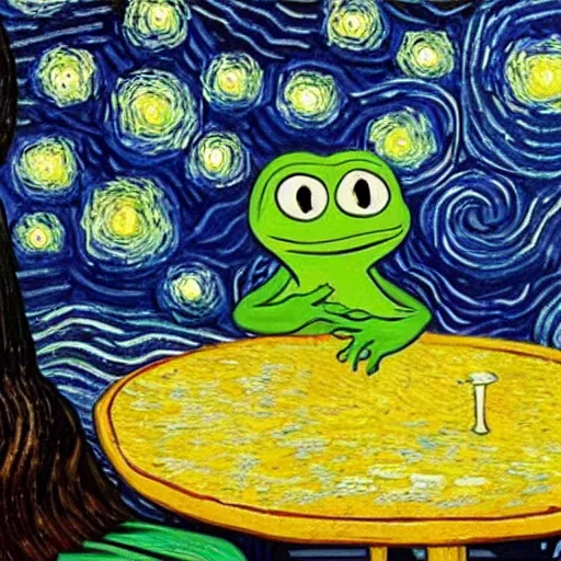 Image similar to starry night with pepe the frog sitting at a cafe table by vincen van gogh